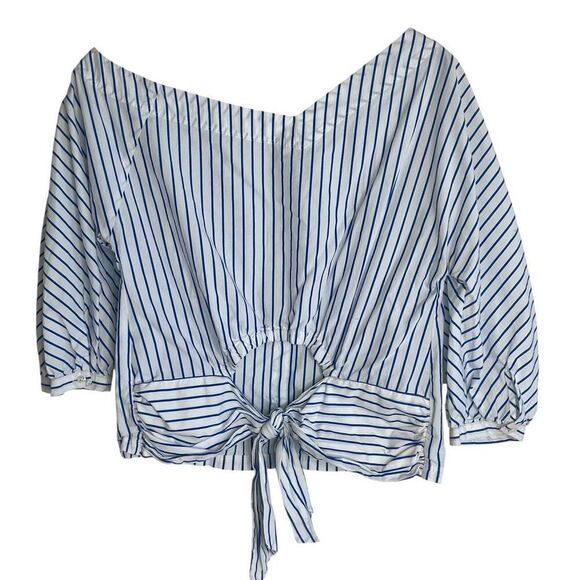 Frame Womens Striped Asymmetrical Off-Shoulder Cut-out Blouse Blue White Small - Picture 9 of 14